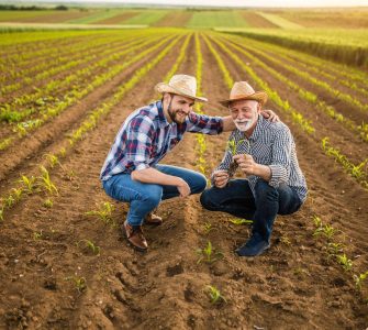 congresso brasileiro do agronegócio: dois homens observando mudas nascendo em plantação